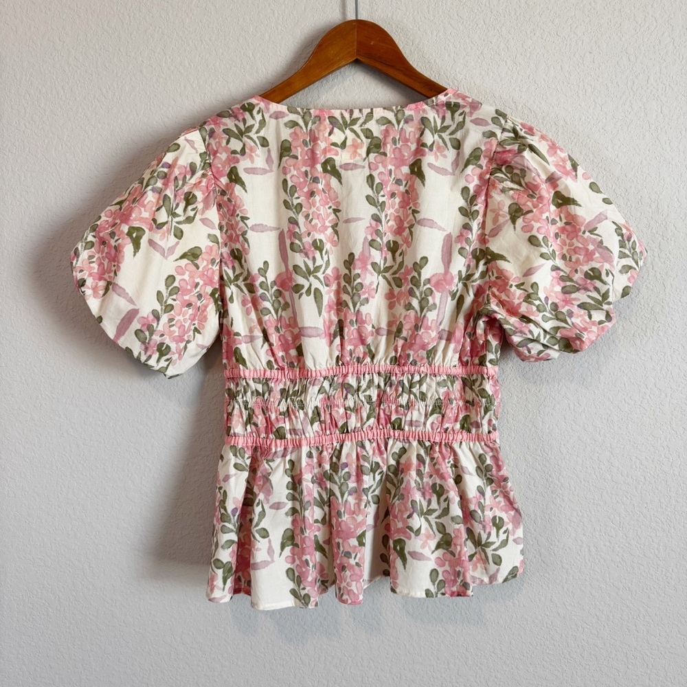 Umgee Women's Pink Green Scalloped Floral Print Bow Tie Front Peplum Top M - Picture 7 of 9